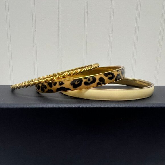 J Crew Leopard Print, White & Gold Enamel Bangle Bracelets - Set of 3 - Picture 2 of 4